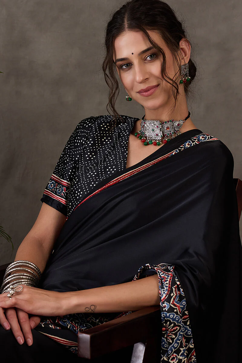 Prettiest Black Ajrakh Printed Semi Modal Silk Saree With Allure Blouse Piece - Image 2