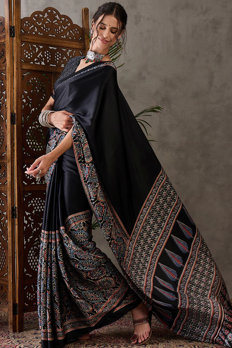 Prettiest Black Ajrakh Printed Semi Modal Silk Saree With Allure Blouse Piece - Image 3