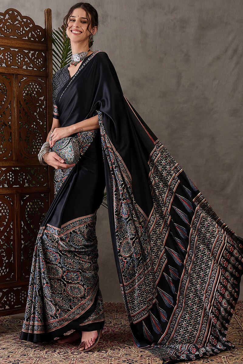 Prettiest Black Ajrakh Printed Semi Modal Silk Saree With Allure Blouse Piece - Image 5