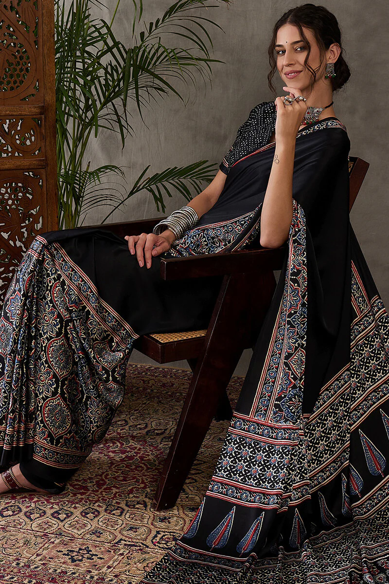 Prettiest Black Ajrakh Printed Semi Modal Silk Saree With Allure Blouse Piece - Image 6