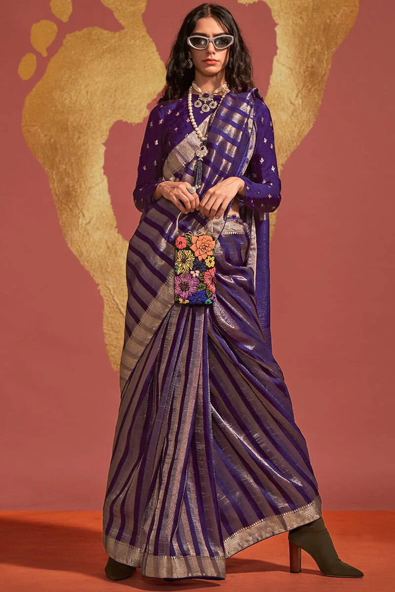 Prettiest Navy Blue Soft Banarasi Silk Saree With Entrancing Blouse - Image 3