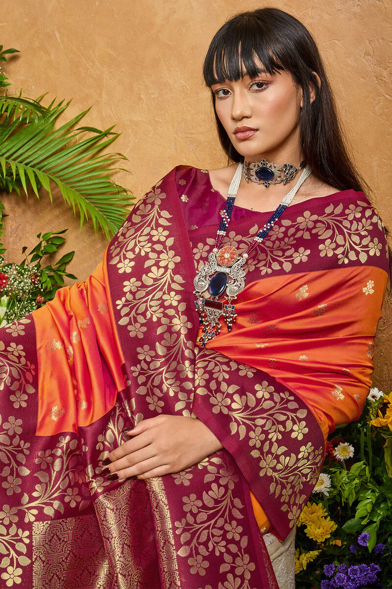 Prettiest Orange Pure Zari Weaving Banarasi Silk Saree With Tantalizing Blouse Piece - Image 2