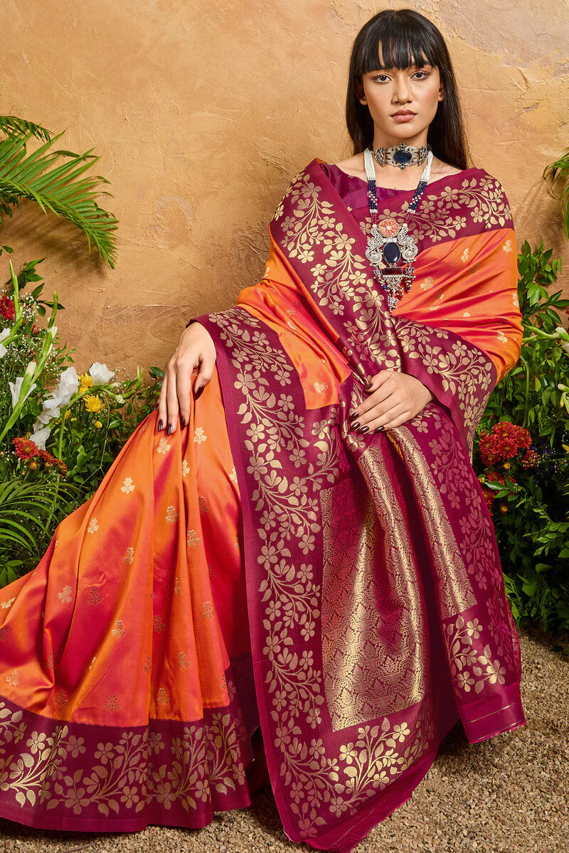 Prettiest Orange Pure Zari Weaving Banarasi Silk Saree With Tantalizing Blouse Piece - Image 5