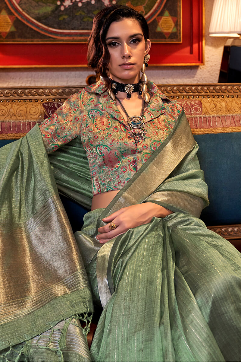 Prettiest Pista Soft Banarasi Silk Saree With Excellent Blouse Piece - Image 2