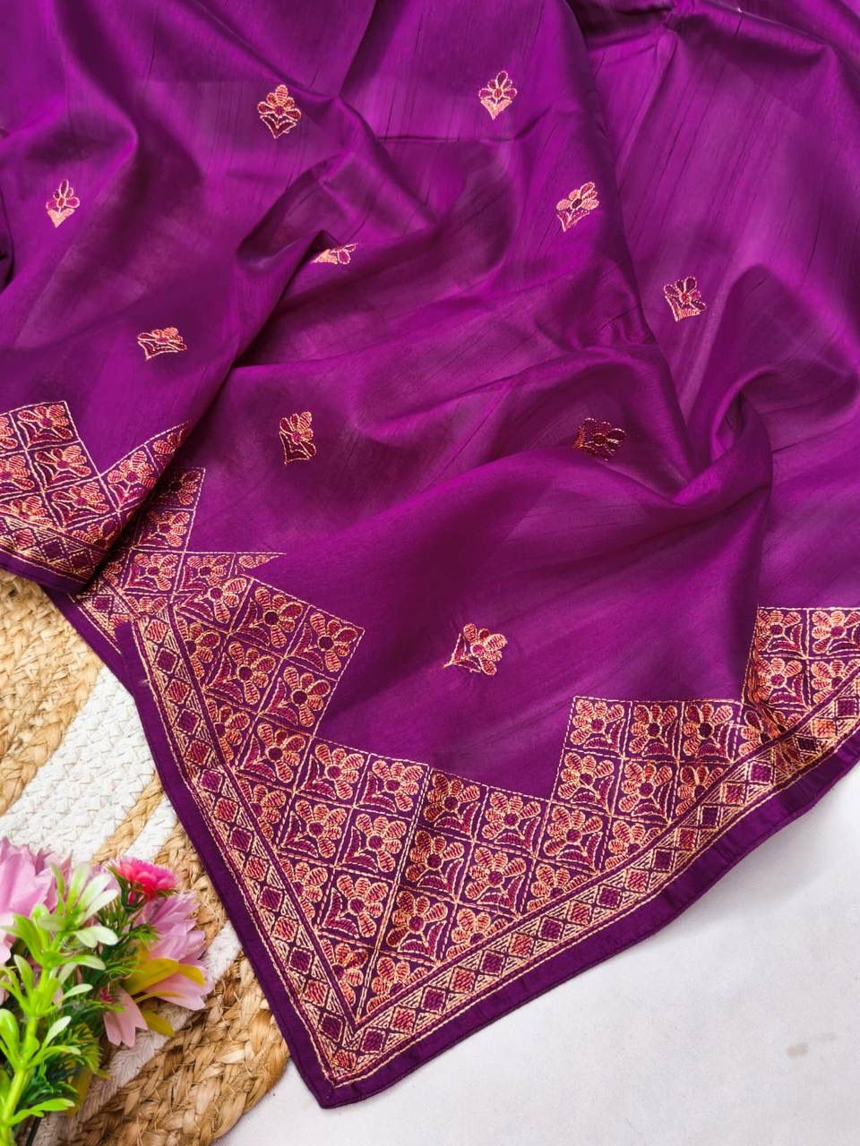 Prettiest Purple Embroidery Work Tussar Silk Saree With Lovely Blouse Piece - Image 3