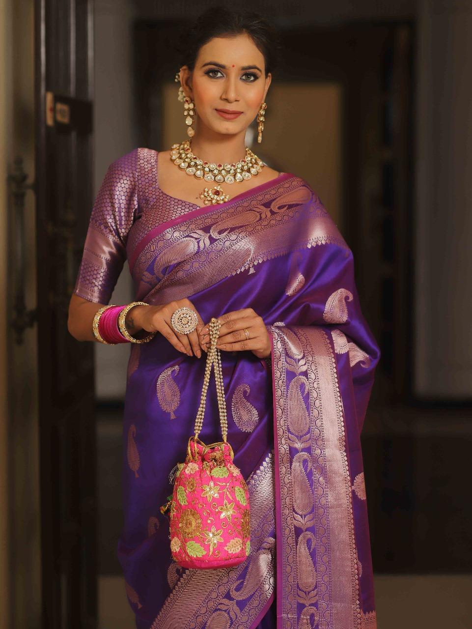 Prettiest Purple Soft Banarasi Silk Saree With Ailurophile Blouse Piece - Image 6