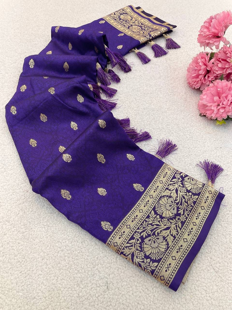 Prettiest Royal Purple Pure Zari Weaving Banarasi Silk Saree With Elegant Blouse Piece - Image 2