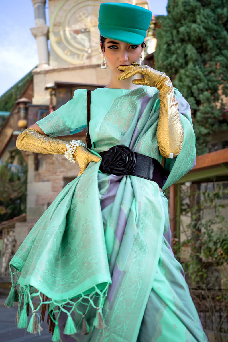 Prettiest Turquoise Soft Banarasi Silk Saree With Blooming Blouse Piece - Image 3