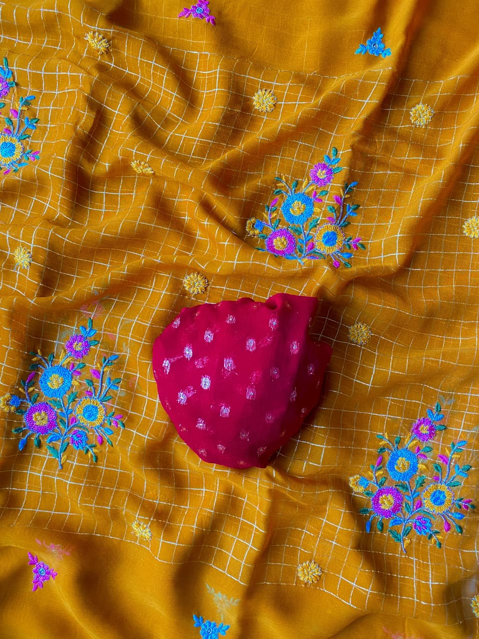 Prettiest Yellow Embroidery Work Pure Georgette Saree With Allure Blouse Piece - Image 3