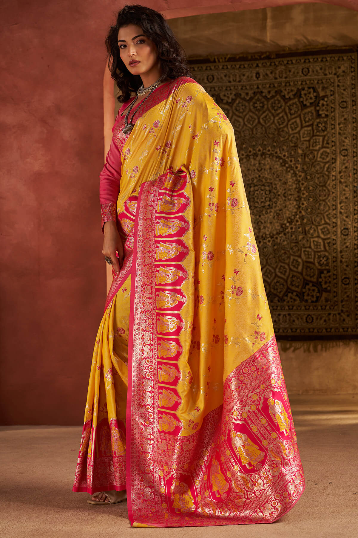 Prettiest Yellow Pure Zari Weaving Banarasi Silk Saree With Fairytale Blouse Piece - Image 5