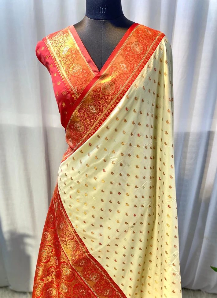 Pretty Beige Soft Banarasi Silk Saree With Sophisticated Blouse Piece - Image 2