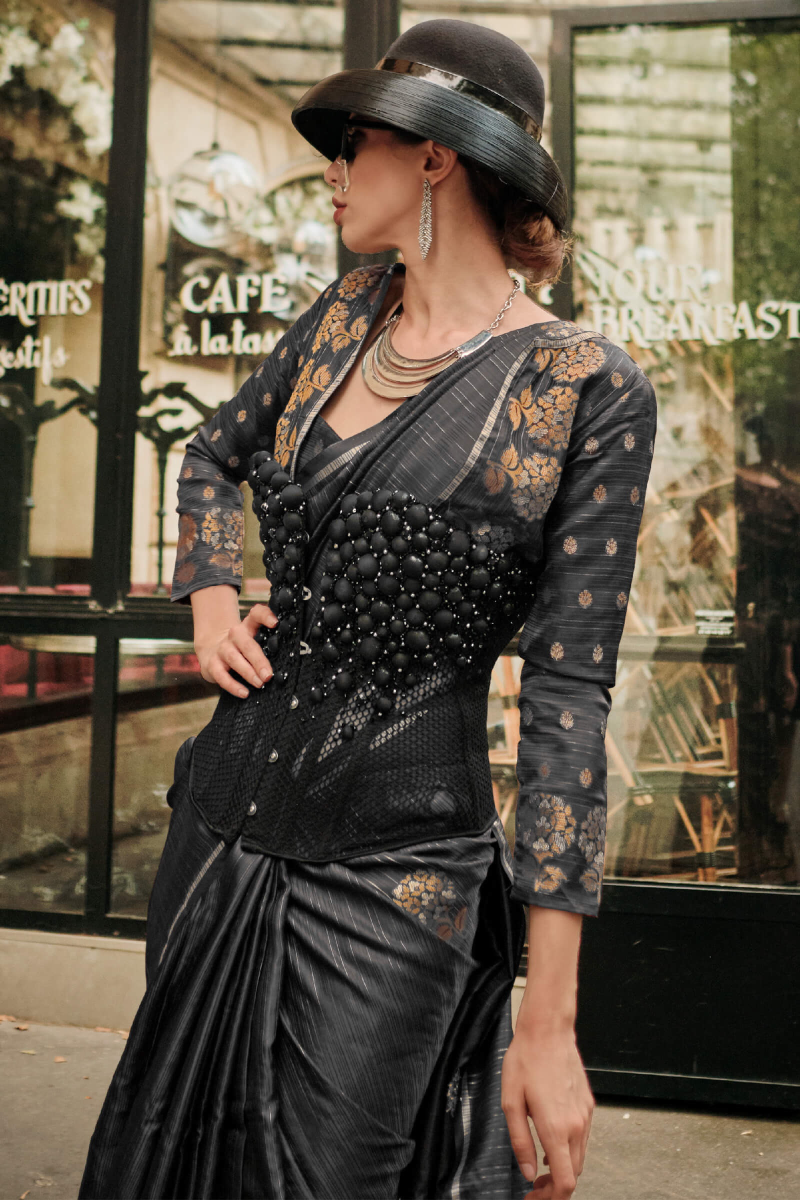 Pretty Black Banarasi Satin Silk Saree With Unequalled Blouse - Image 2