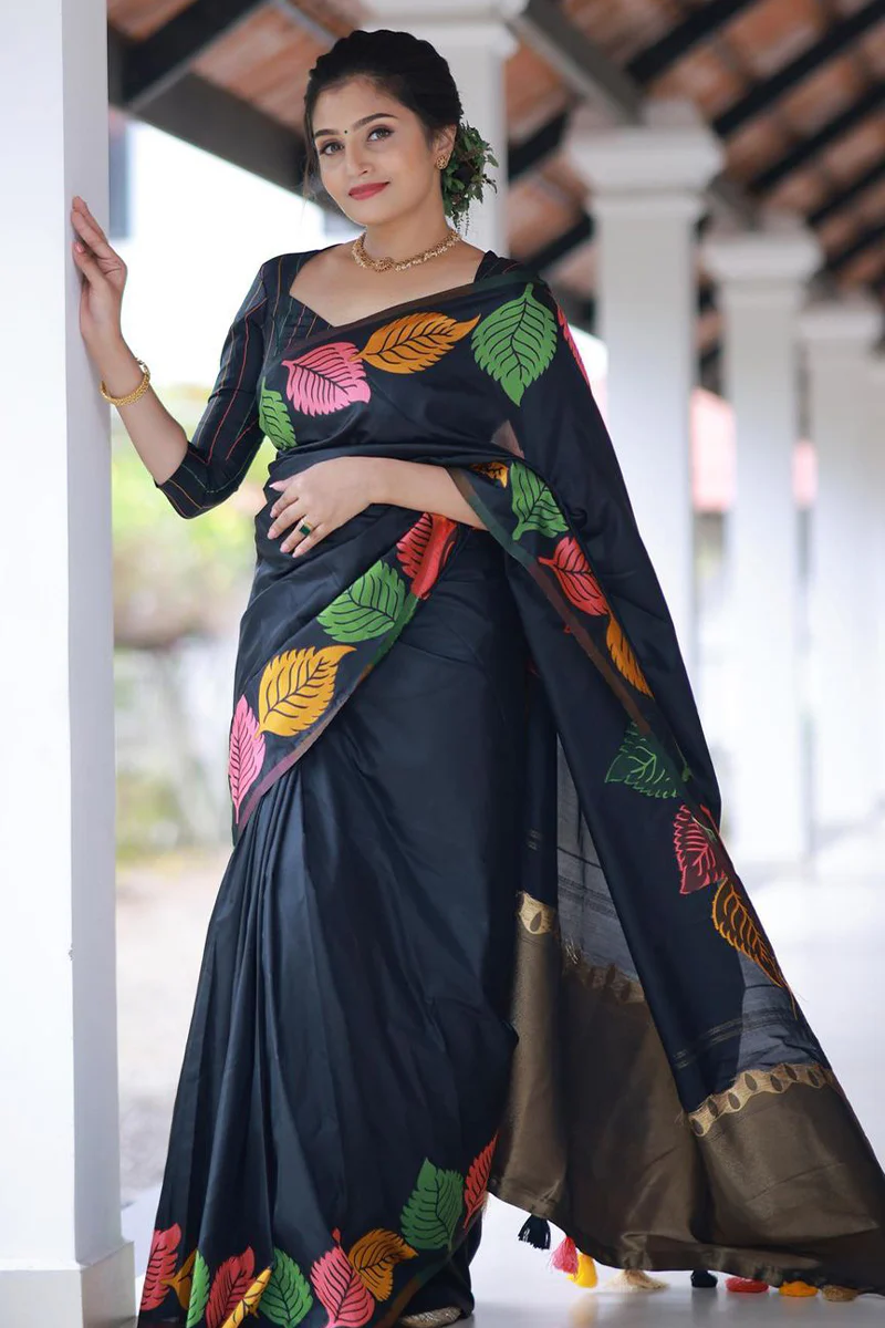 Pretty Black Soft Silk Saree With Beautiful Blouse Piece - Image 3