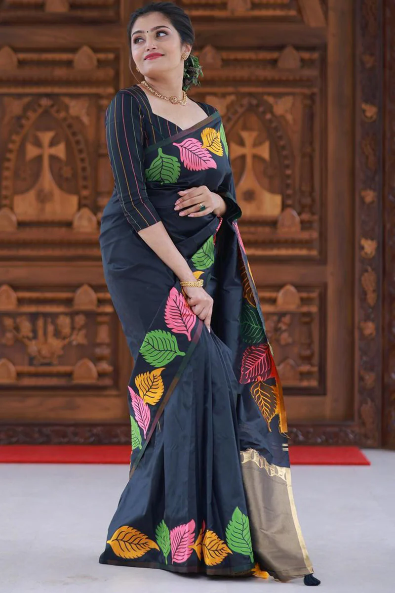 Pretty Black Soft Silk Saree With Beautiful Blouse Piece - Image 6