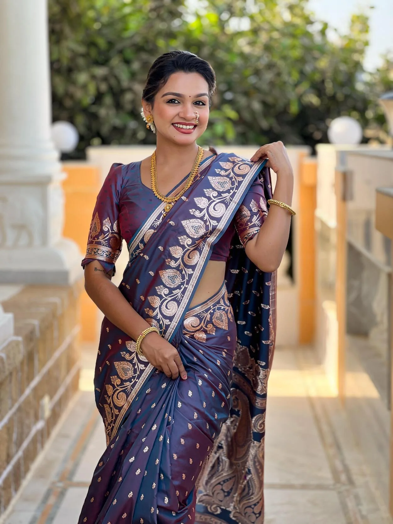 Pretty Dark Grey Soft Banarasi Silk Saree With Ratatouille Blouse Piece - Image 2