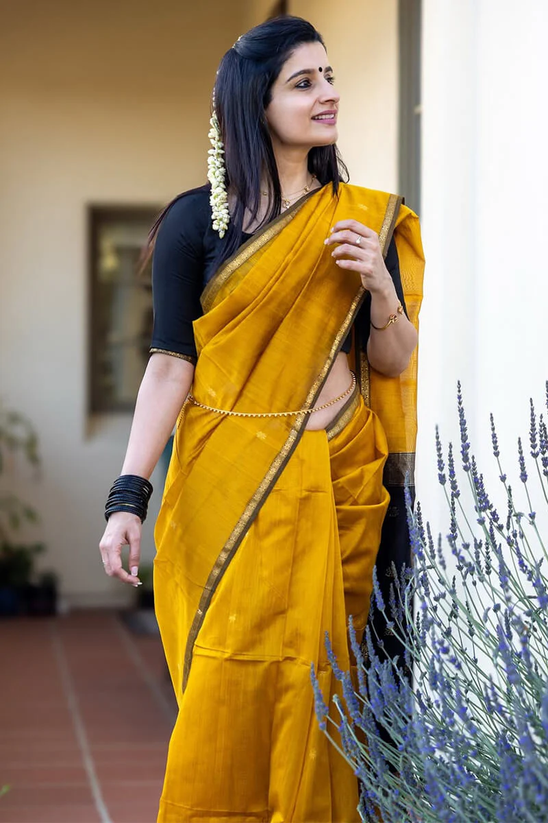 Pretty Mustard Cotton Silk Saree With Beautiful Blouse Piece - Image 4