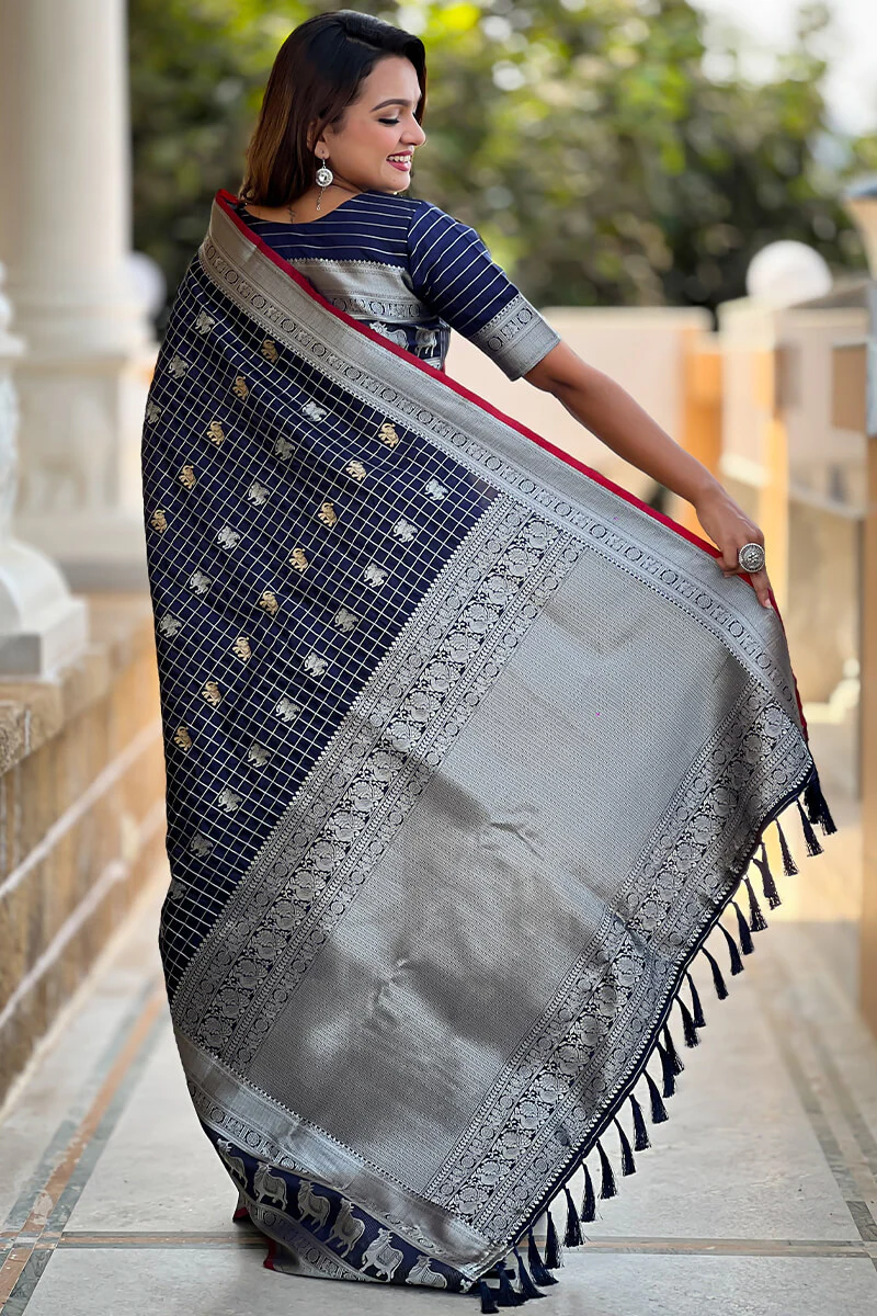 Pretty Navy Blue Soft Banarasi Silk Saree With Bucolic Blouse Piece - Image 4