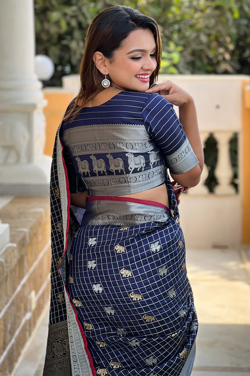 Pretty Navy Blue Soft Banarasi Silk Saree With Bucolic Blouse Piece - Image 5