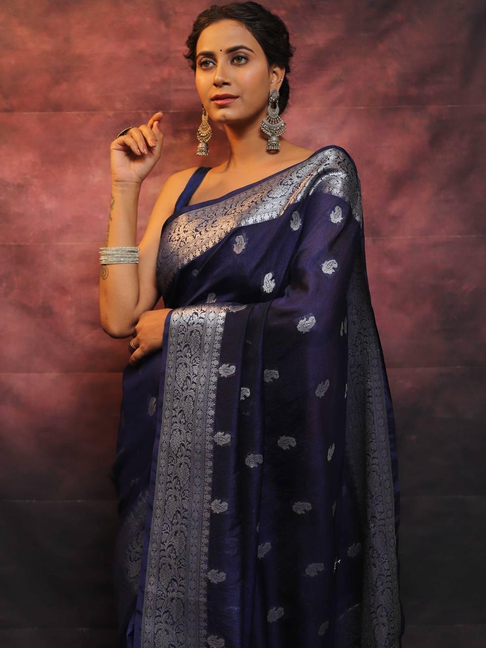 Pretty Navy Blue Soft Silk Saree With Adorning Blouse Piece - Image 4