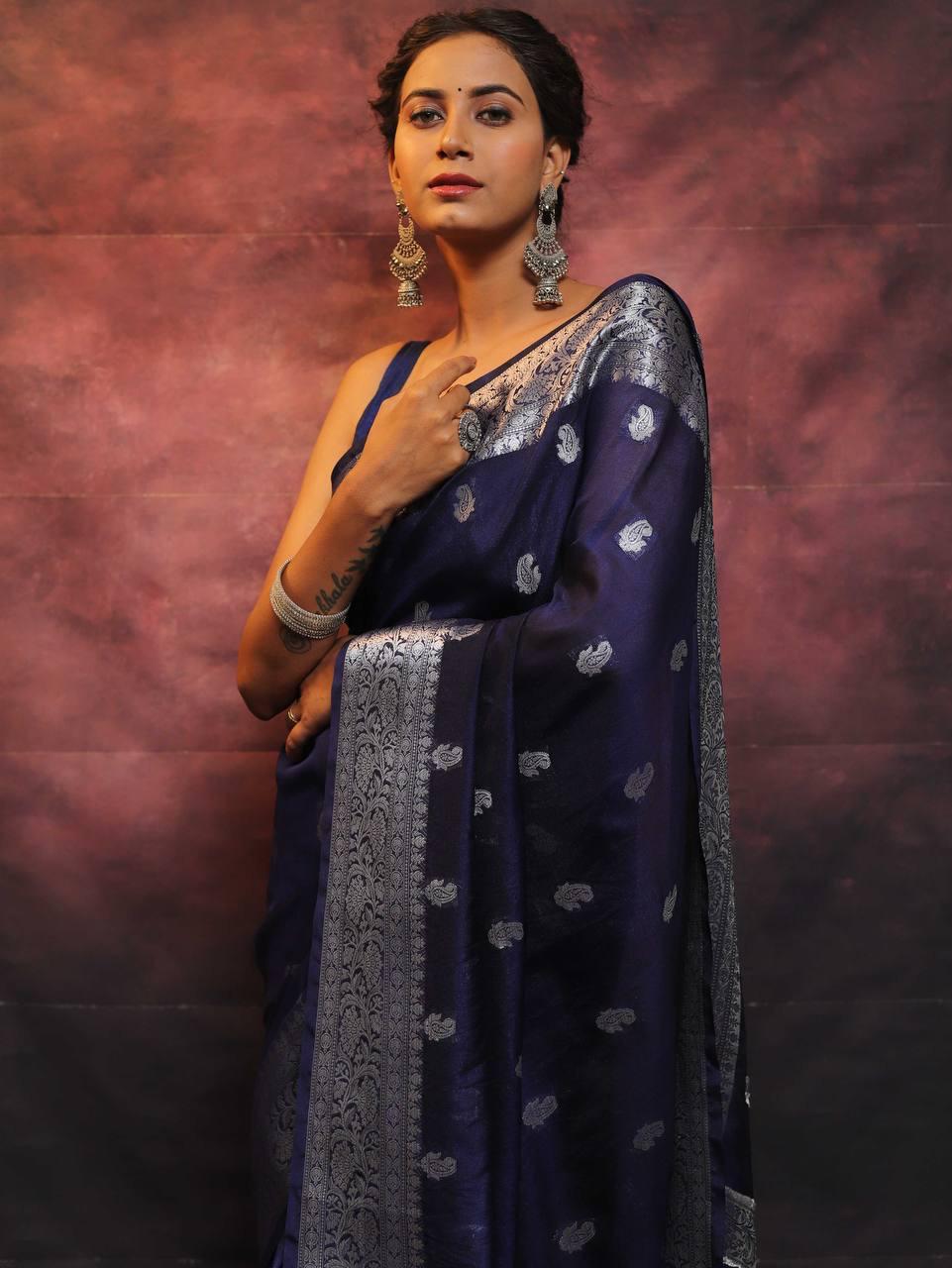 Pretty Navy Blue Soft Silk Saree With Adorning Blouse Piece - Image 5