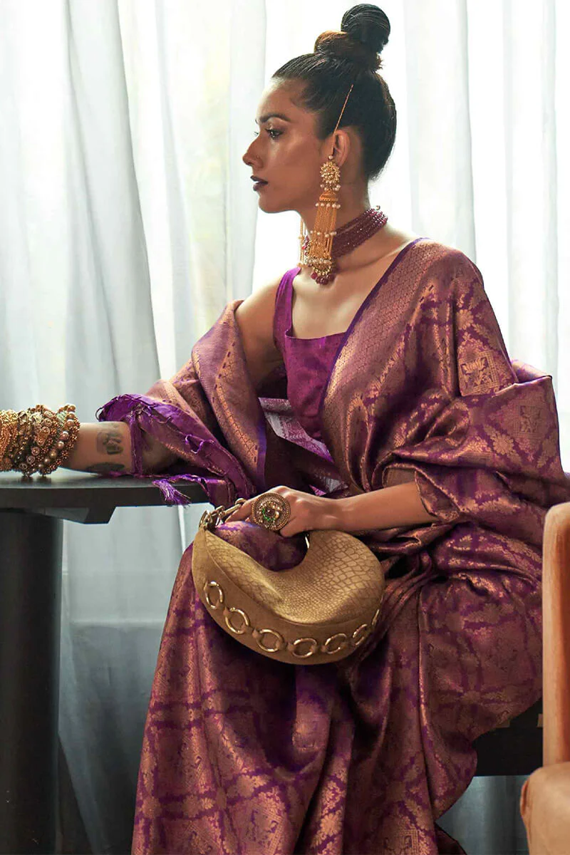 Pretty Purple Kanjivaram Silk Saree With Smart Blouse Piece - Image 2
