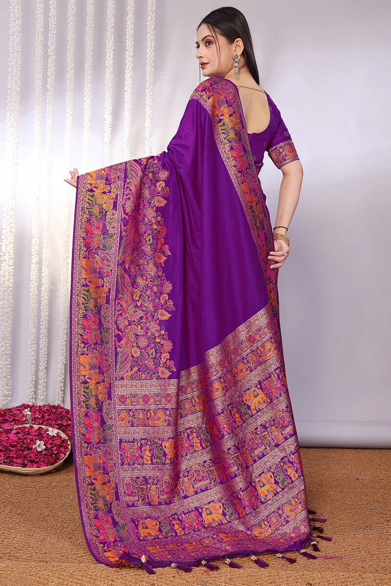 Pretty Purple Pashmina Saree With Nebula Blouse Piece - Image 3