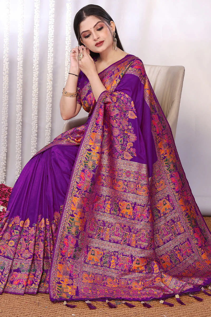 Pretty Purple Pashmina Saree With Nebula Blouse Piece - Image 4