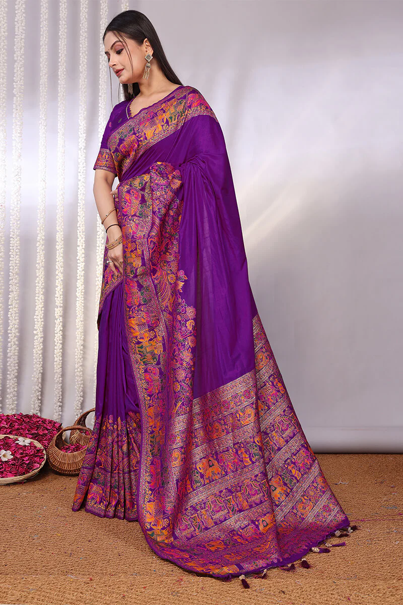 Pretty Purple Pashmina Saree With Nebula Blouse Piece - Image 6