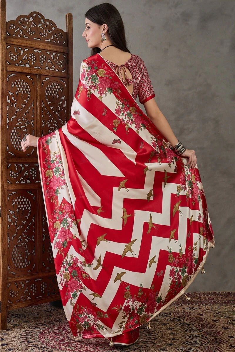 Pretty Red Ajrakh Printed Semi Modal Silk Saree With Impressive Blouse Piece - Image 7