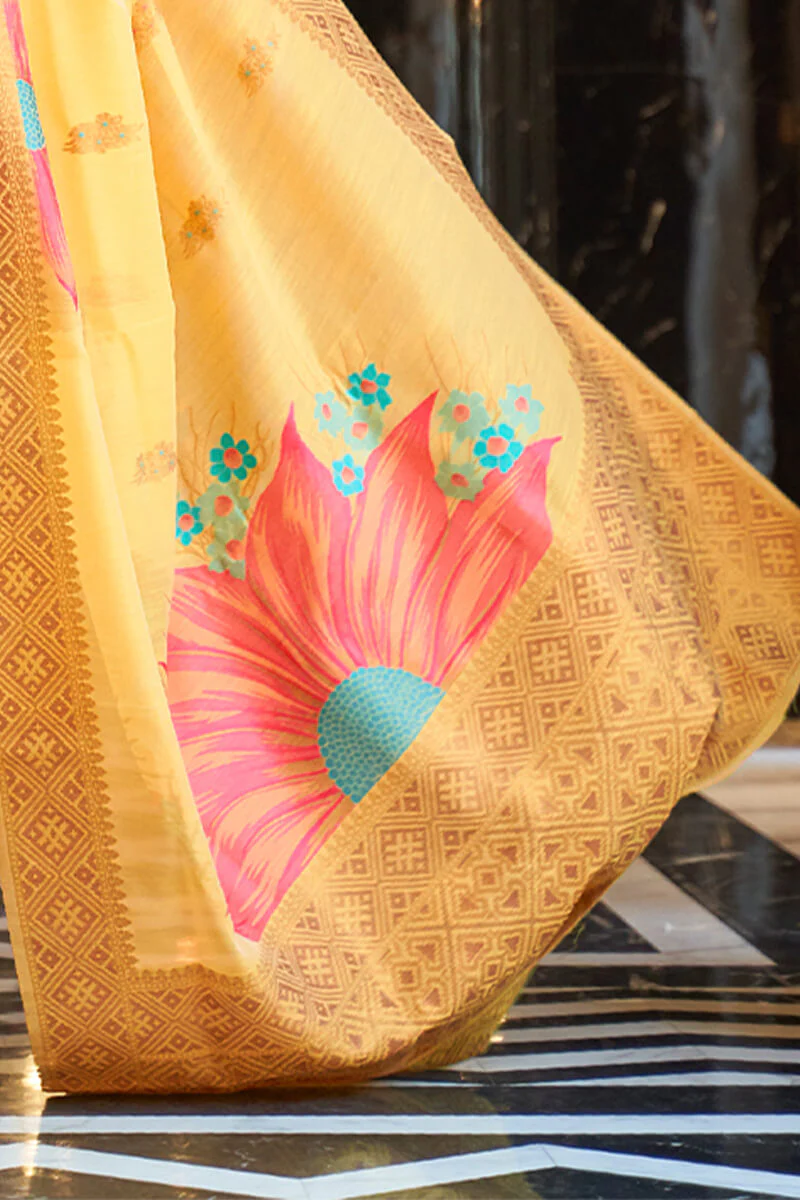Pretty Yellow Cotton Silk Saree With Gleaming Blouse Piece - Image 3