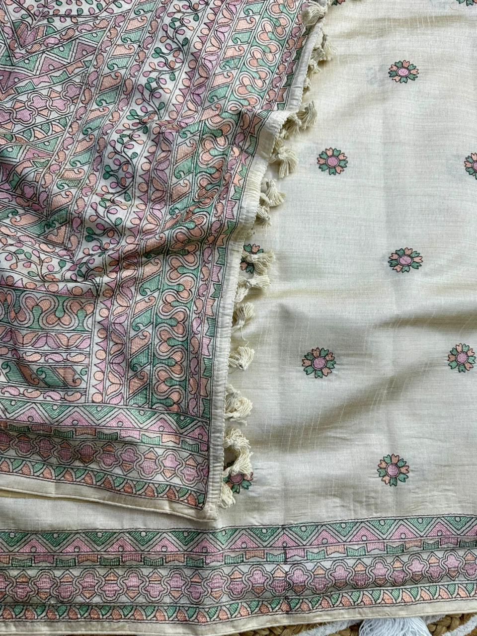 Prodigal Beige Embroidery Work Tussar Silk Saree With Blooming Blouse Piece - Image 4
