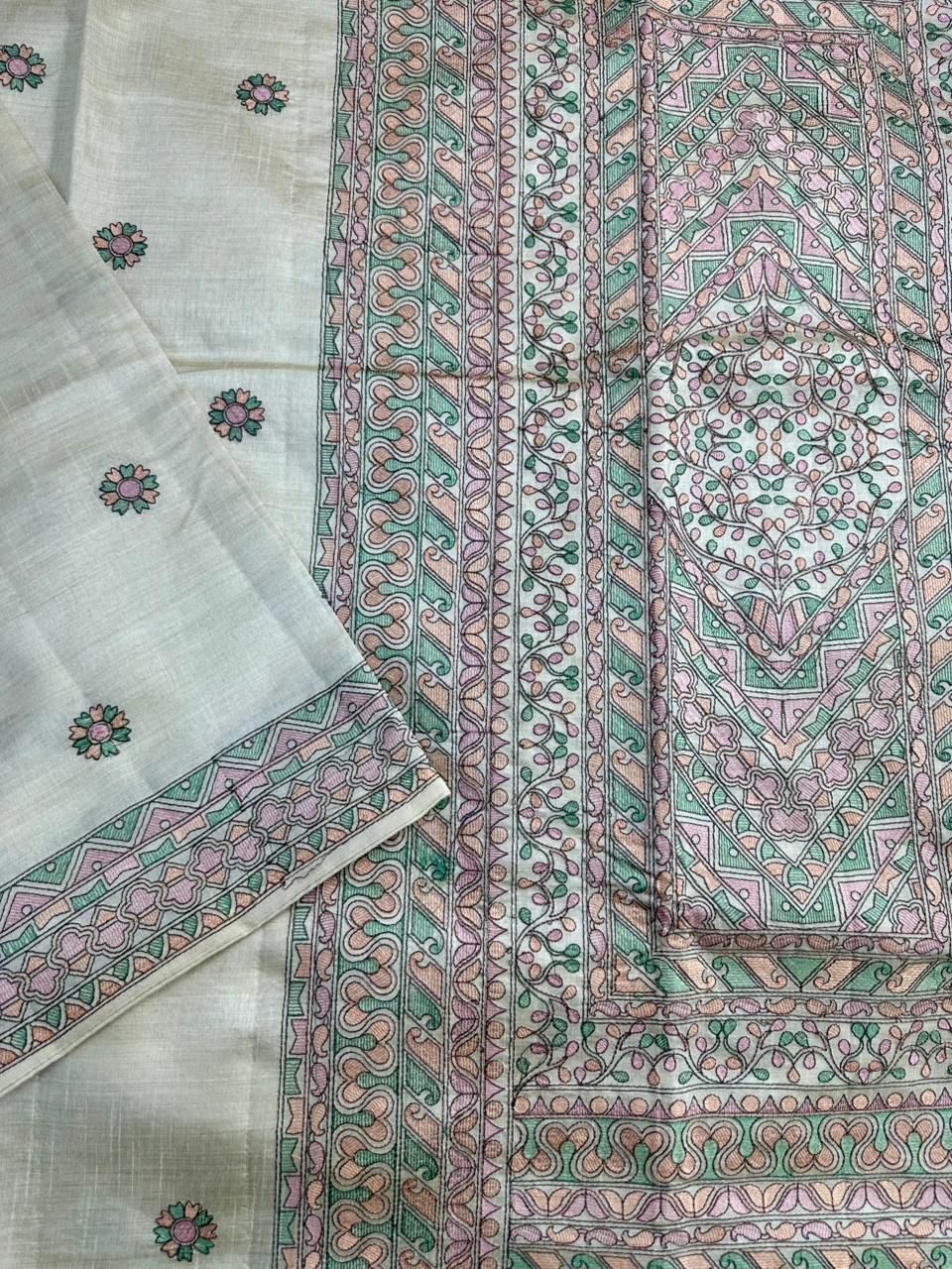 Prodigal Beige Embroidery Work Tussar Silk Saree With Blooming Blouse Piece - Image 5