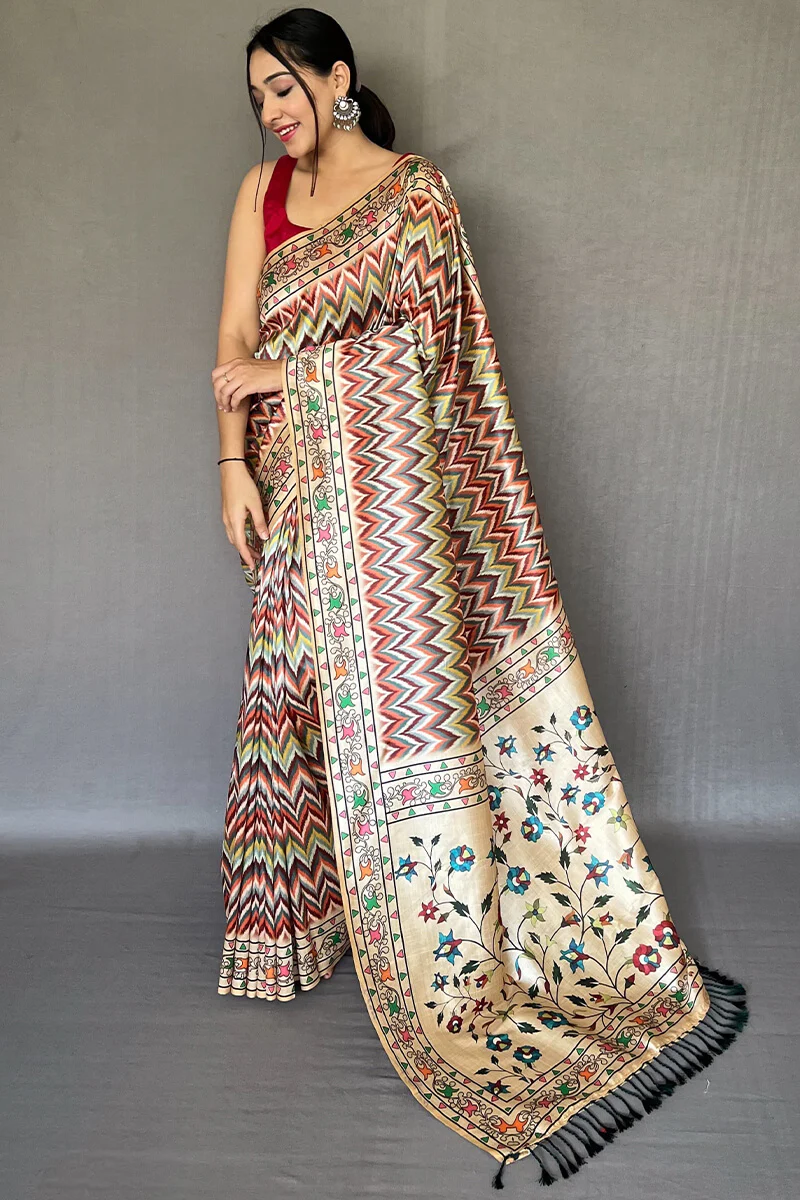 Prodigal Beige Kalamkari Printed Soft Silk Saree With Smashing Blouse Piece - Image 3
