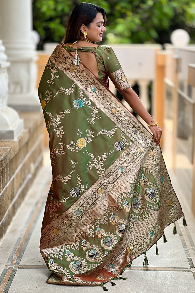 Prodigal Mehndi Soft Banarasi Silk Saree With Fantabulous Blouse Piece - Image 6