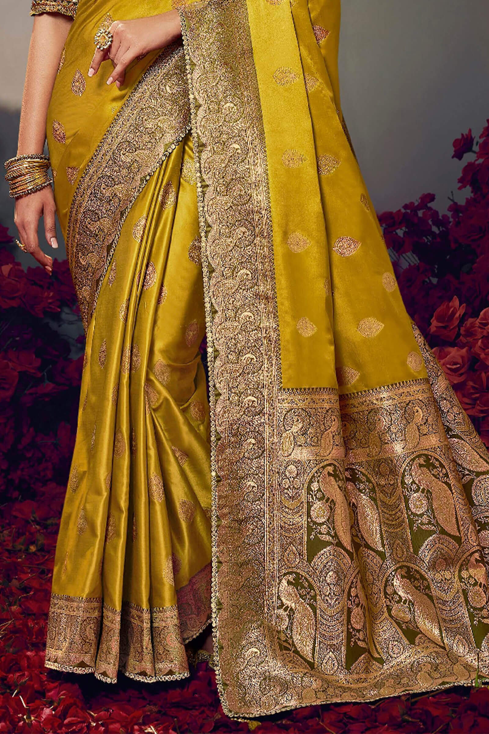 Prodigal Mustard Banarasi Satin Silk Saree With Arresting Blouse Piece - Image 4
