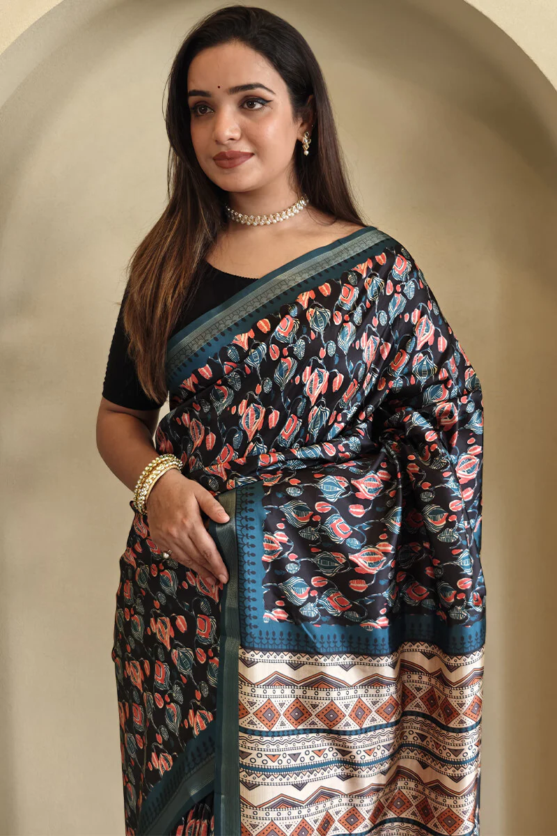 Prodigal Navy Blue Digital Printed Dola Silk Saree With Cynosure Blouse Piece - Image 2