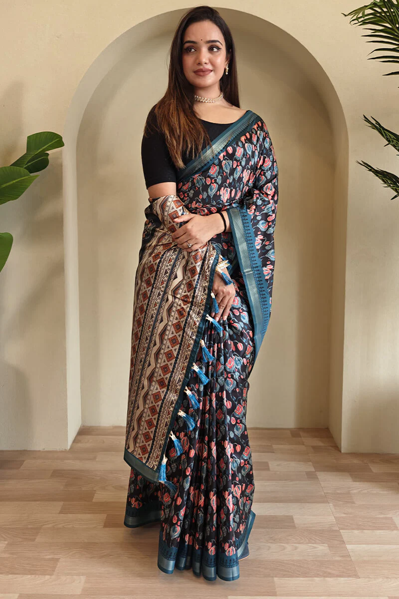 Prodigal Navy Blue Digital Printed Dola Silk Saree With Cynosure Blouse Piece - Image 3