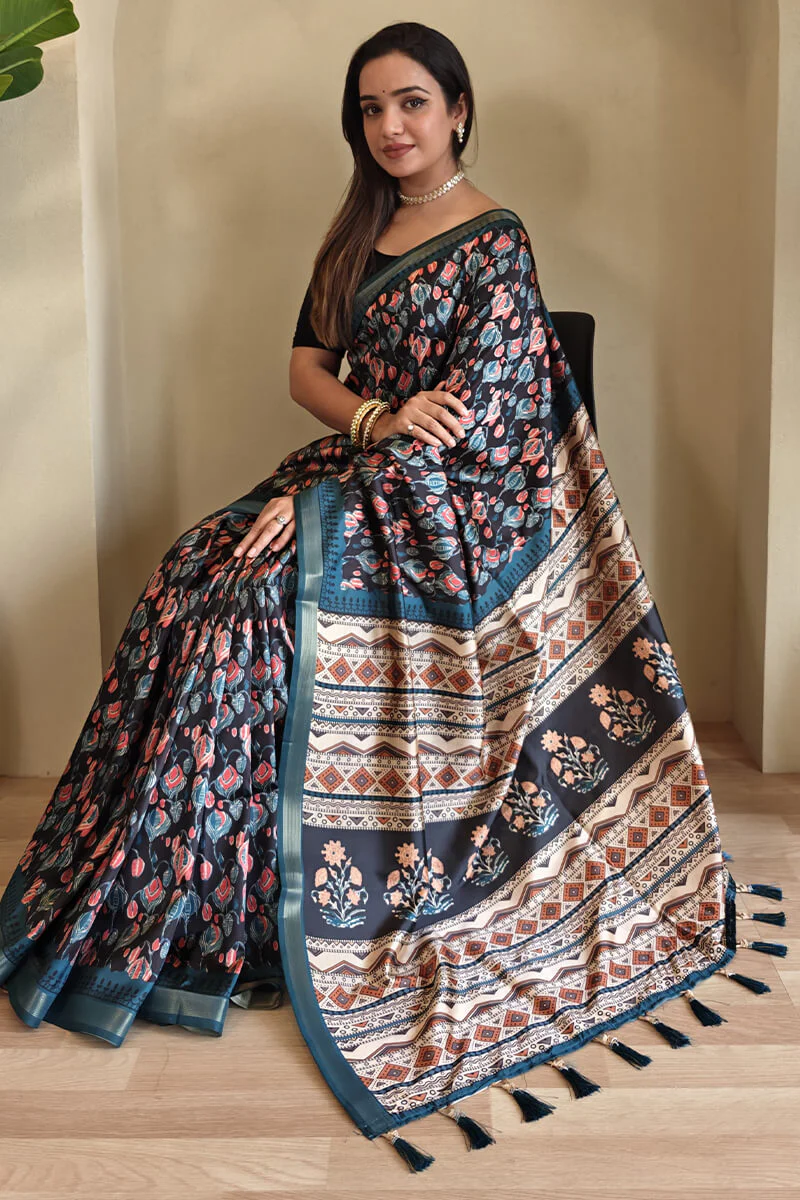 Prodigal Navy Blue Digital Printed Dola Silk Saree With Cynosure Blouse Piece - Image 4