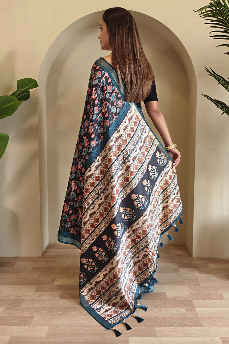 Prodigal Navy Blue Digital Printed Dola Silk Saree With Cynosure Blouse Piece - Image 5
