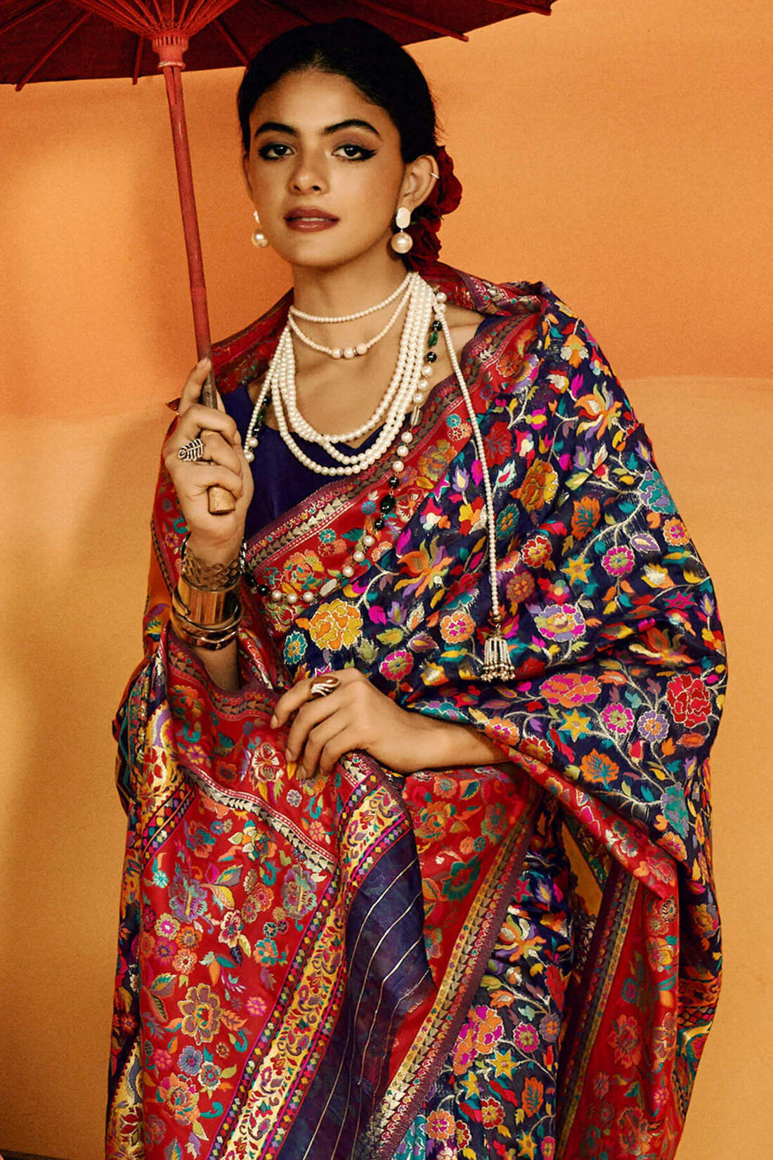 Prodigal Navy Blue Pashmina Saree With Magnificat Blouse Piece - Image 2
