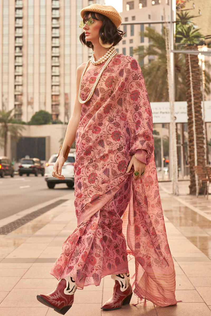 Prodigal Pink Digital Printed Tissue Silk Saree With Vivacious Blouse Piece - Image 2