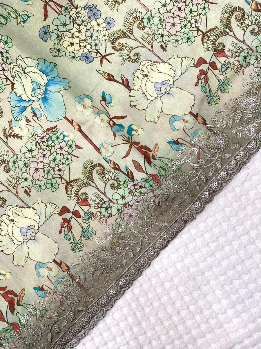 Prodigal Pista Embroidery Work Tussar Silk Saree With Gratifying Blouse Piece - Image 3