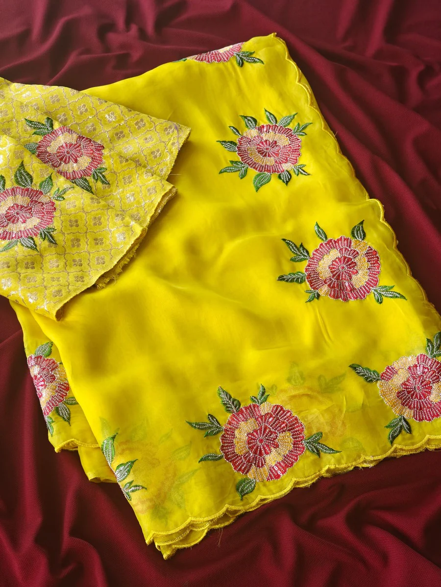 Prodigal Yellow Embroidery Work Organza Silk Saree With Eloquence Blouse Piece - Image 2