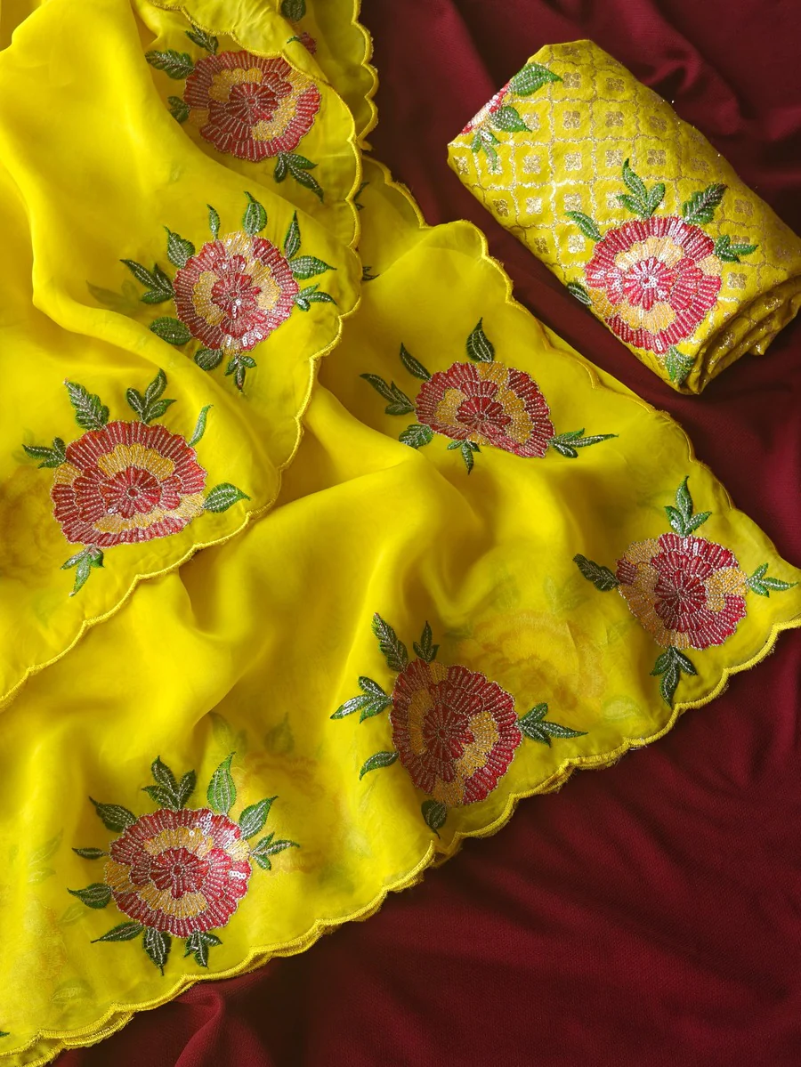 Prodigal Yellow Embroidery Work Organza Silk Saree With Eloquence Blouse Piece - Image 4