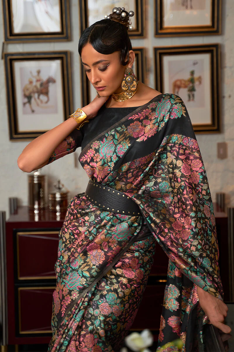 Proficient Black Pashmina saree With Luxuriant Blouse Piece - Image 2