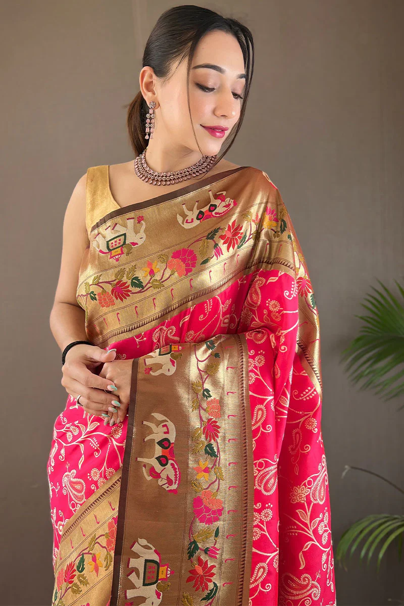 Proficient Dark Pink Paithani Silk Saree With Exuberant Blouse Piece - Image 2