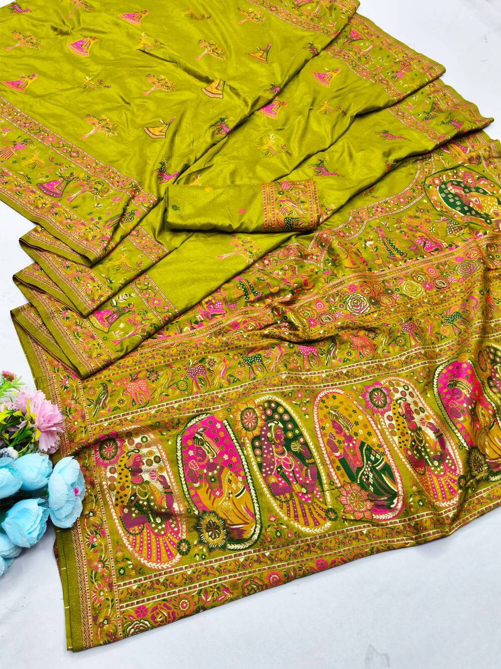 Proficient Mehndi Nylon Dola Pashmina Saree With Rhapsody Blouse Piece - Image 5