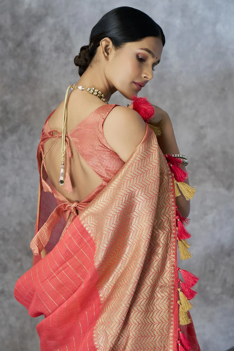 Proficient Red Cotton Silk Saree With Improbable Blouse Piece - Image 3