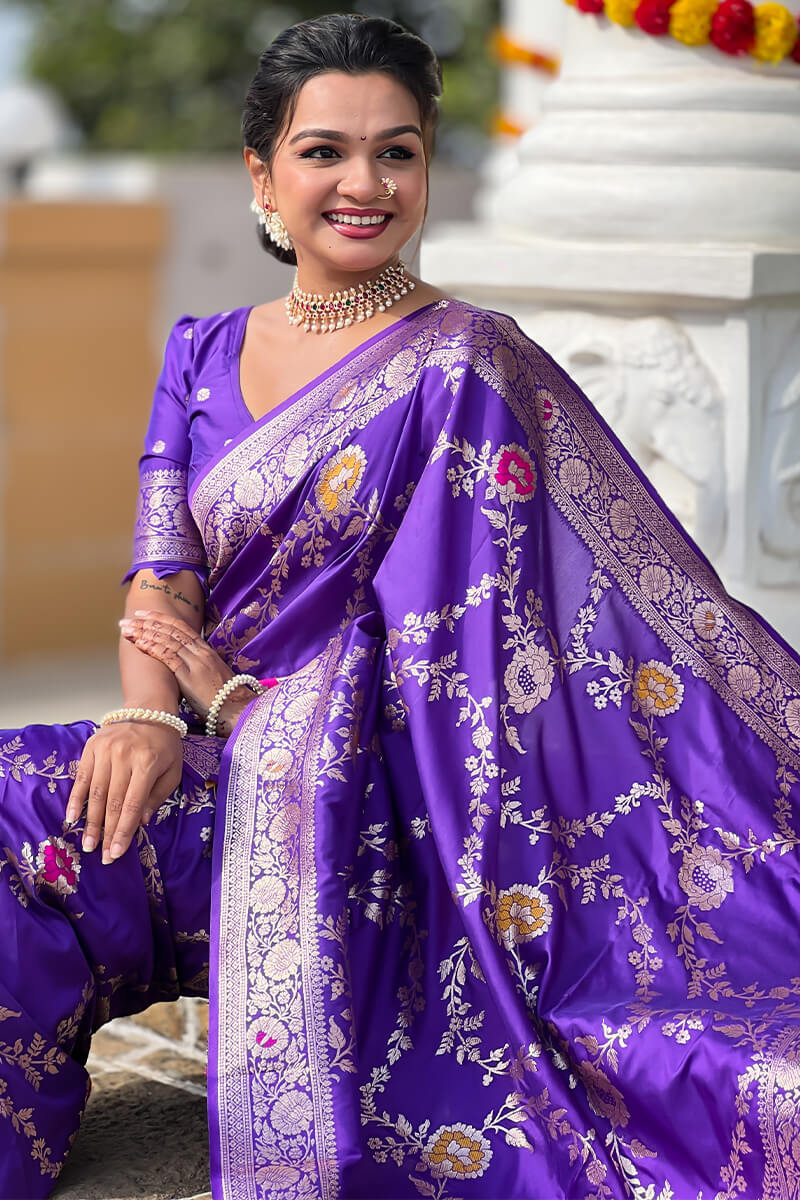Proficient Royal Purple Soft Banarasi Silk Saree With Enigmatic Blouse Piece - Image 3