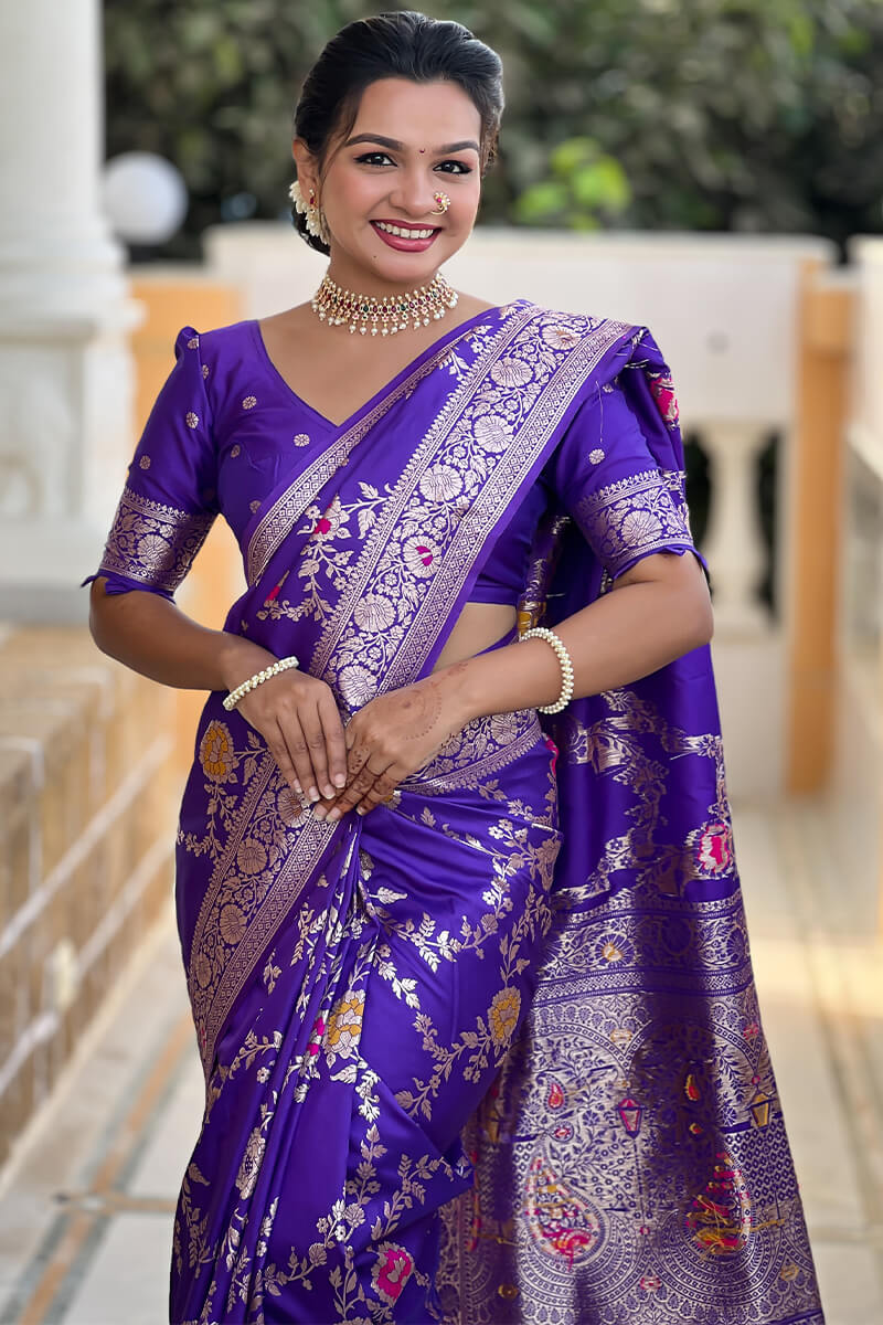 Proficient Royal Purple Soft Banarasi Silk Saree With Enigmatic Blouse Piece - Image 5